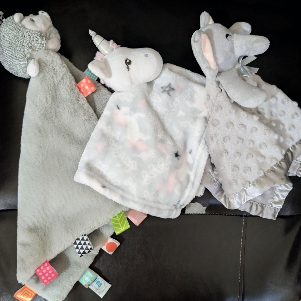 3 Soft Gray Unicorn & Elephant Baby Lovey Set - Neutral Comfort Blankets